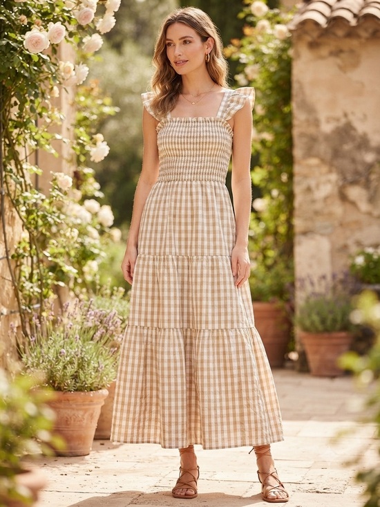 None Dresses & Skirts - Beige Gingham Smocked Maxi Dress with Flutter Straps